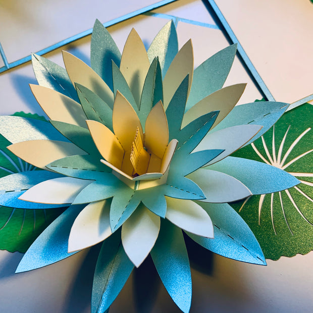 Metallic Lotus in White & Baby Blue Origami Pop Cards 3D Pop Up Greeting Card Happy Birthday Thank You Handmade Gift Thinking of You Blank Card for Any Occasion Happy Mother's Day Happy Father's Australiana Celebrate the Beauty of Flower