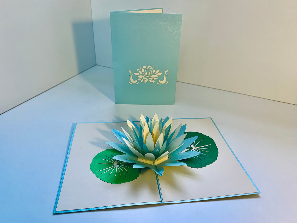Metallic Lotus in White & Baby Blue Origami Pop Cards 3D Pop Up Greeting Card Happy Birthday Thank You Handmade Gift Thinking of You Blank Card for Any Occasion Happy Mother's Day Happy Father's Australiana Celebrate the Beauty of Flower