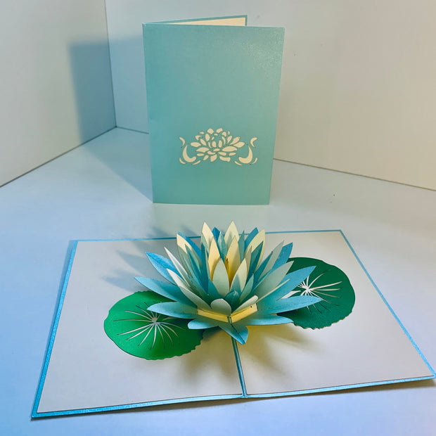 Metallic Lotus in White & Baby Blue Origami Pop Cards 3D Pop Up Greeting Card Happy Birthday Thank You Handmade Gift Thinking of You Blank Card for Any Occasion Happy Mother's Day Happy Father's Australiana Celebrate the Beauty of Flower