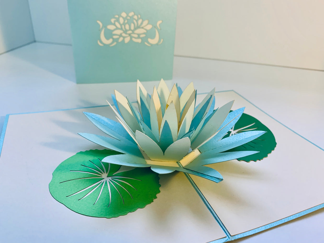 Metallic Lotus in White & Baby Blue Origami Pop Cards 3D Pop Up Greeting Card Happy Birthday Thank You Handmade Gift Thinking of You Blank Card for Any Occasion Happy Mother's Day Happy Father's Australiana Celebrate the Beauty of Flower
