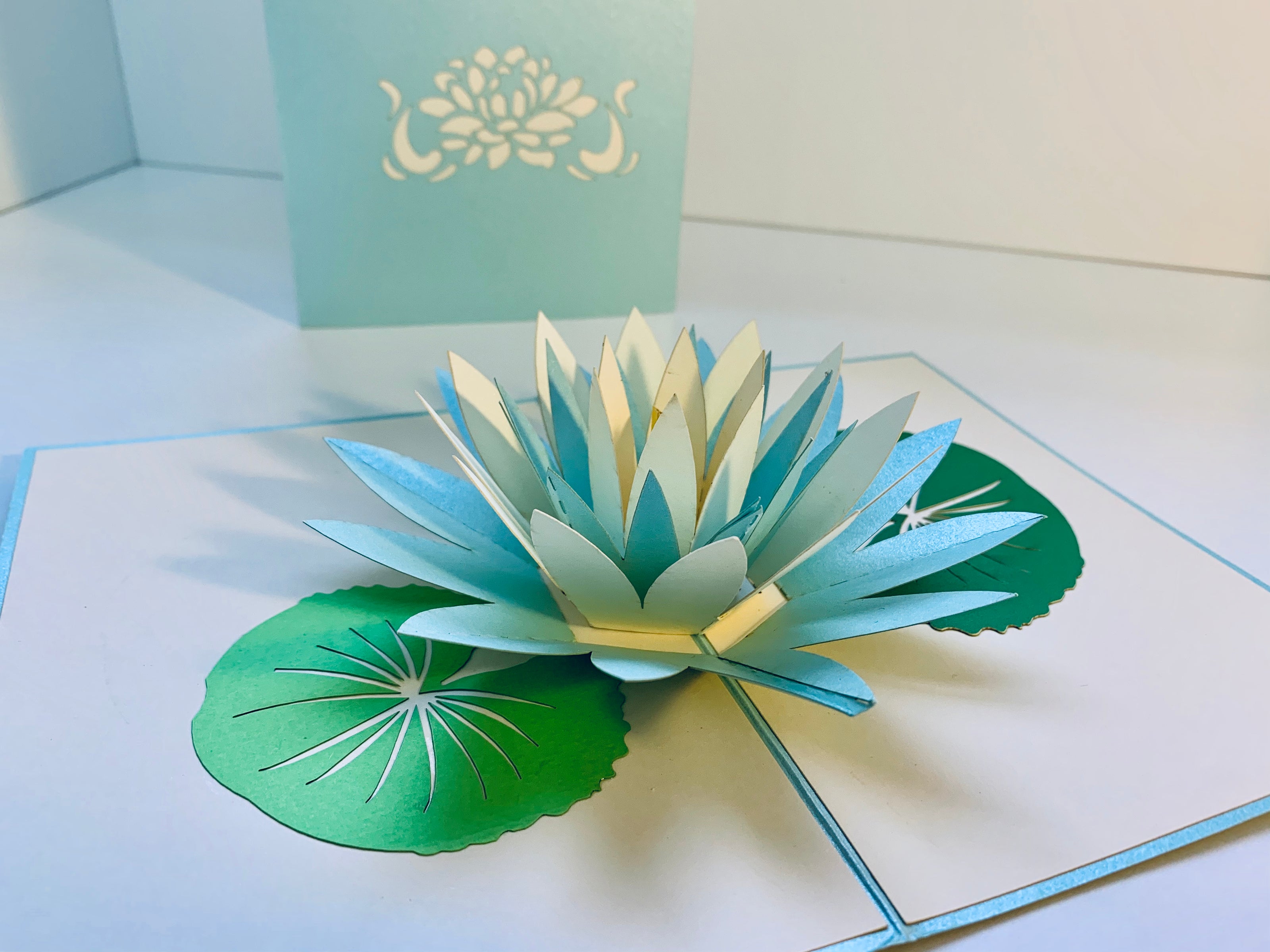Metallic Lotus in White & Baby Blue Origami Pop Cards 3D Pop Up Greeting Card Happy Birthday Thank You Handmade Gift Thinking of You Blank Card for Any Occasion Happy Mother's Day Happy Father's Australiana Celebrate the Beauty of Flower
