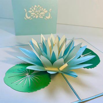 Metallic Lotus in White & Baby Blue Origami Pop Cards 3D Pop Up Greeting Card Happy Birthday Thank You Handmade Gift Thinking of You Blank Card for Any Occasion Happy Mother's Day Happy Father's Australiana Celebrate the Beauty of Flower
