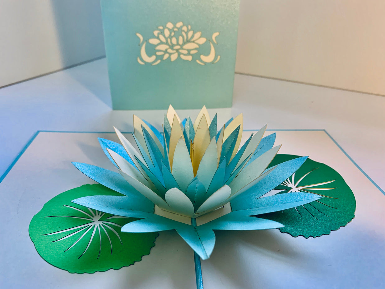 Metallic Lotus in White & Baby Blue Origami Pop Cards 3D Pop Up Greeting Card Happy Birthday Thank You Handmade Gift Thinking of You Blank Card for Any Occasion Happy Mother's Day Happy Father's Australiana Celebrate the Beauty of Flower
