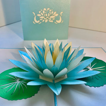 Metallic Lotus in White & Baby Blue Origami Pop Cards 3D Pop Up Greeting Card Happy Birthday Thank You Handmade Gift Thinking of You Blank Card for Any Occasion Happy Mother's Day Happy Father's Australiana Celebrate the Beauty of Flower