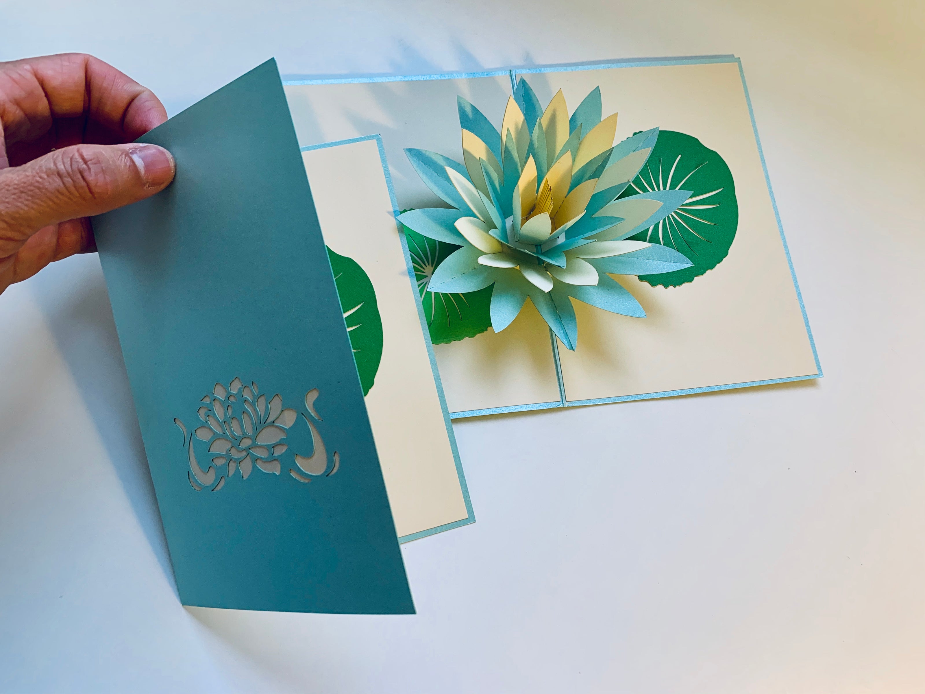 Metallic Lotus in White & Baby Blue Origami Pop Cards 3D Pop Up Greeting Card Happy Birthday Thank You Handmade Gift Thinking of You Blank Card for Any Occasion Happy Mother's Day Happy Father's Australiana Celebrate the Beauty of Flower