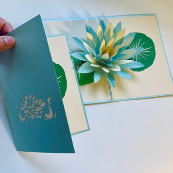 Metallic Lotus in White & Baby Blue Origami Pop Cards 3D Pop Up Greeting Card Happy Birthday Thank You Handmade Gift Thinking of You Blank Card for Any Occasion Happy Mother's Day Happy Father's Australiana Celebrate the Beauty of Flower