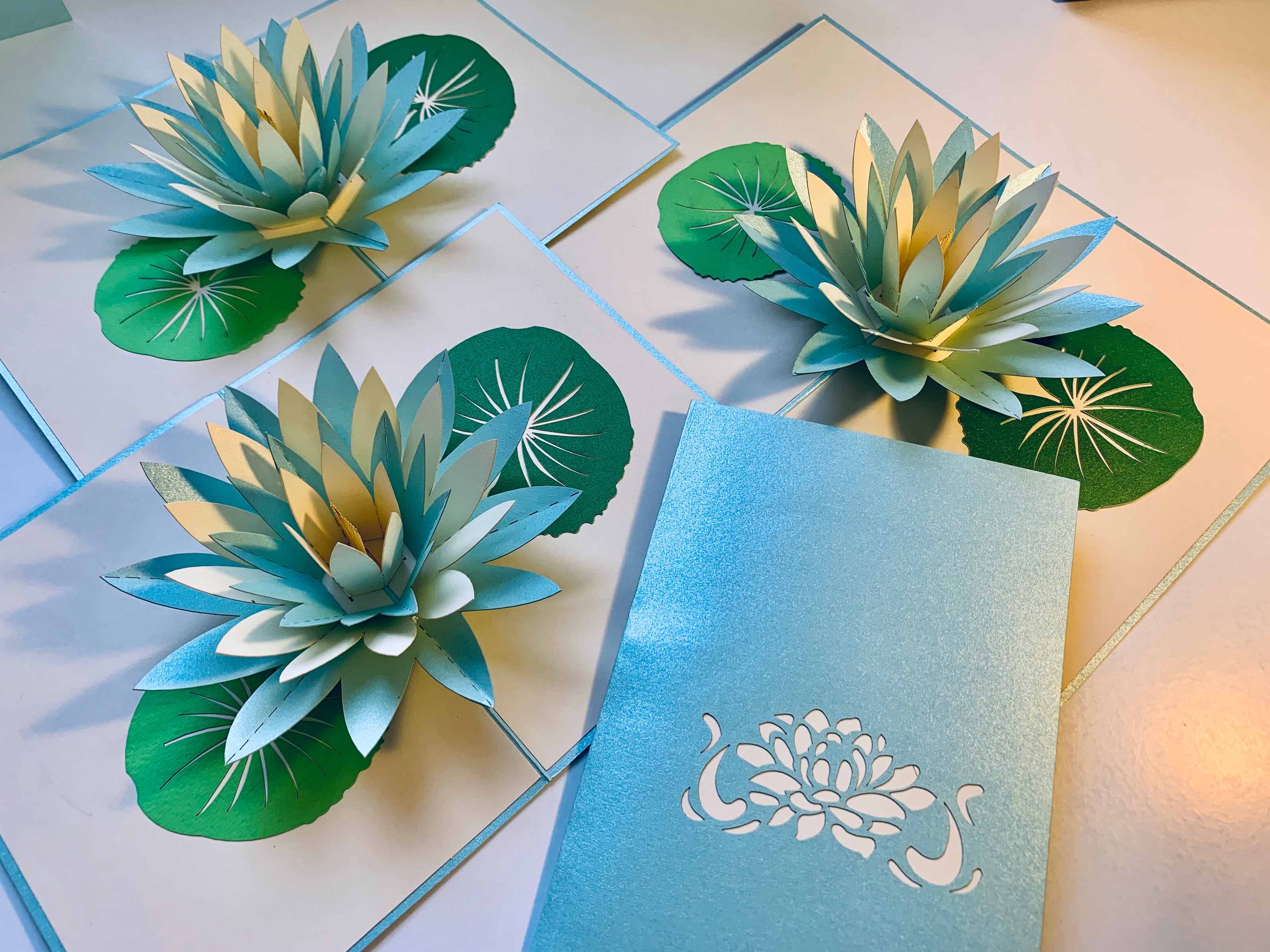 Metallic Lotus in White & Baby Blue Origami Pop Cards 3D Pop Up Greeting Card Happy Birthday Thank You Handmade Gift Thinking of You Blank Card for Any Occasion Happy Mother's Day Happy Father's Australiana Celebrate the Beauty of Flower