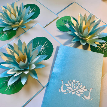 Metallic Lotus in White & Baby Blue Origami Pop Cards 3D Pop Up Greeting Card Happy Birthday Thank You Handmade Gift Thinking of You Blank Card for Any Occasion Happy Mother's Day Happy Father's Australiana Celebrate the Beauty of Flower