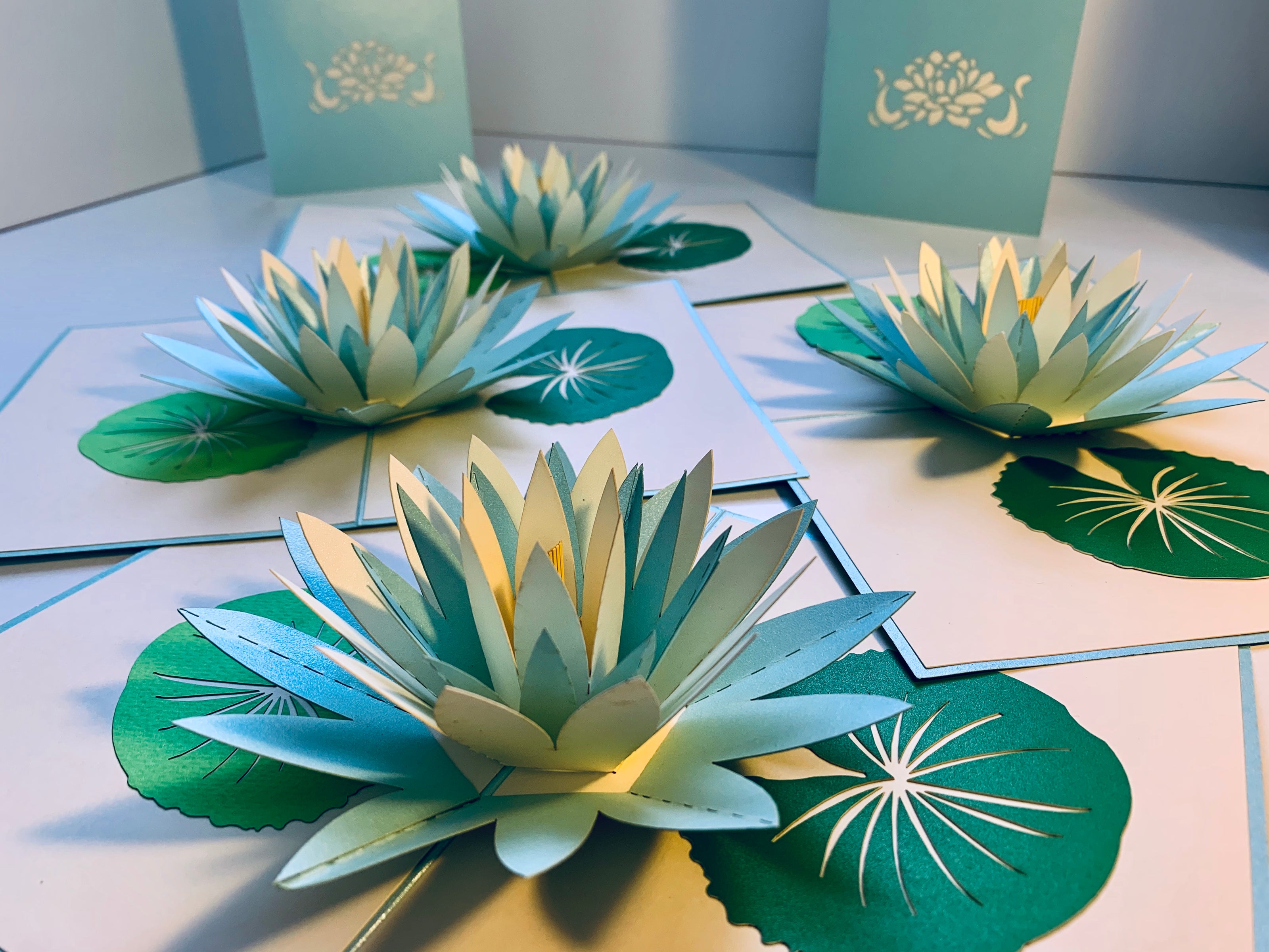 Metallic Lotus in White & Baby Blue Origami Pop Cards 3D Pop Up Greeting Card Happy Birthday Thank You Handmade Gift Thinking of You Blank Card for Any Occasion Happy Mother's Day Happy Father's Australiana Celebrate the Beauty of Flower