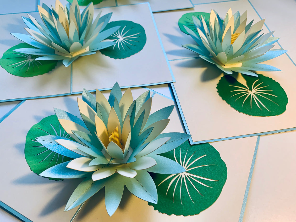 Metallic Lotus in White & Baby Blue Origami Pop Cards 3D Pop Up Greeting Card Happy Birthday Thank You Handmade Gift Thinking of You Blank Card for Any Occasion Happy Mother's Day Happy Father's Australiana Celebrate the Beauty of Flower