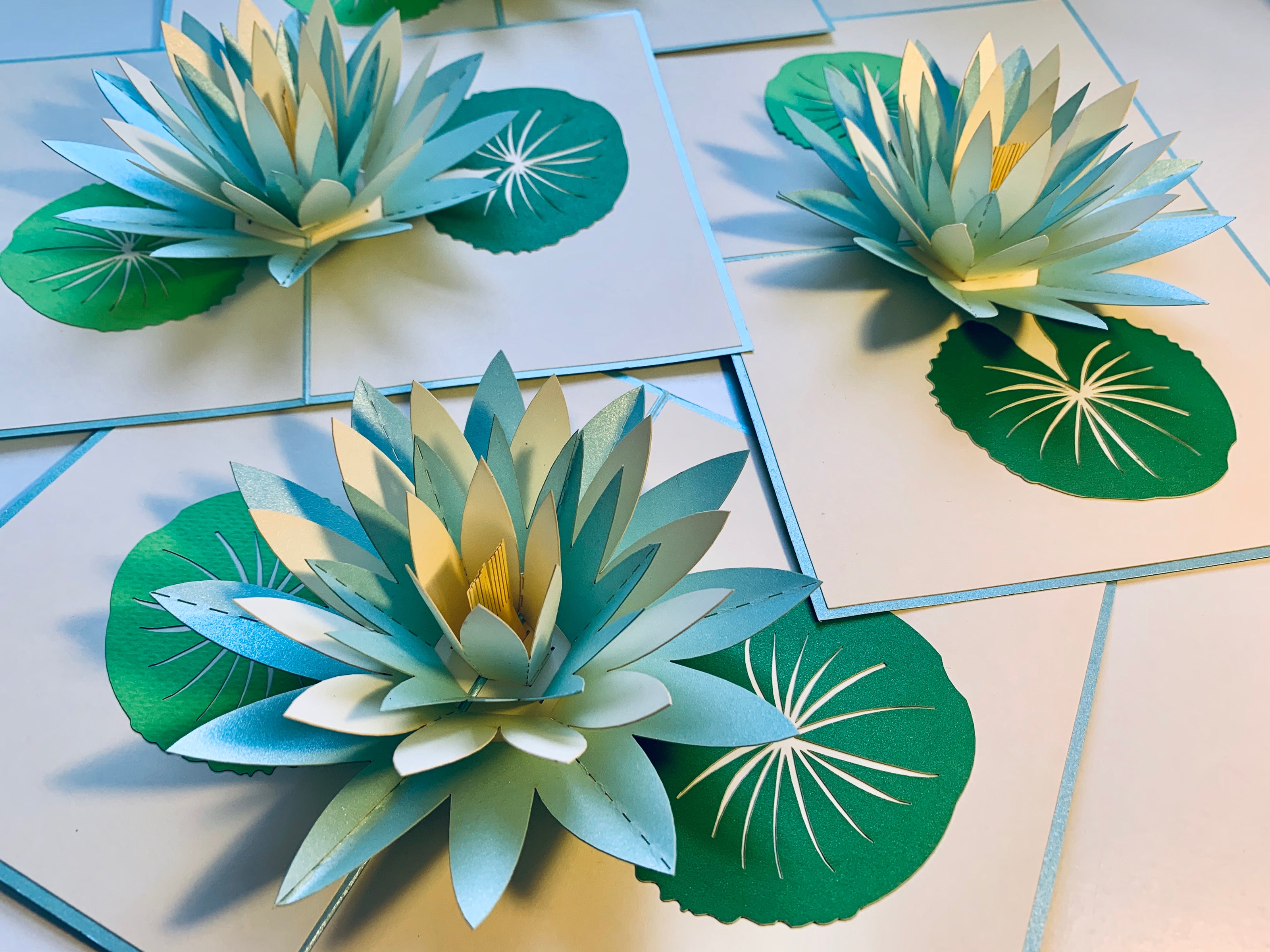 Metallic Lotus in White & Baby Blue Origami Pop Cards 3D Pop Up Greeting Card Happy Birthday Thank You Handmade Gift Thinking of You Blank Card for Any Occasion Happy Mother's Day Happy Father's Australiana Celebrate the Beauty of Flower