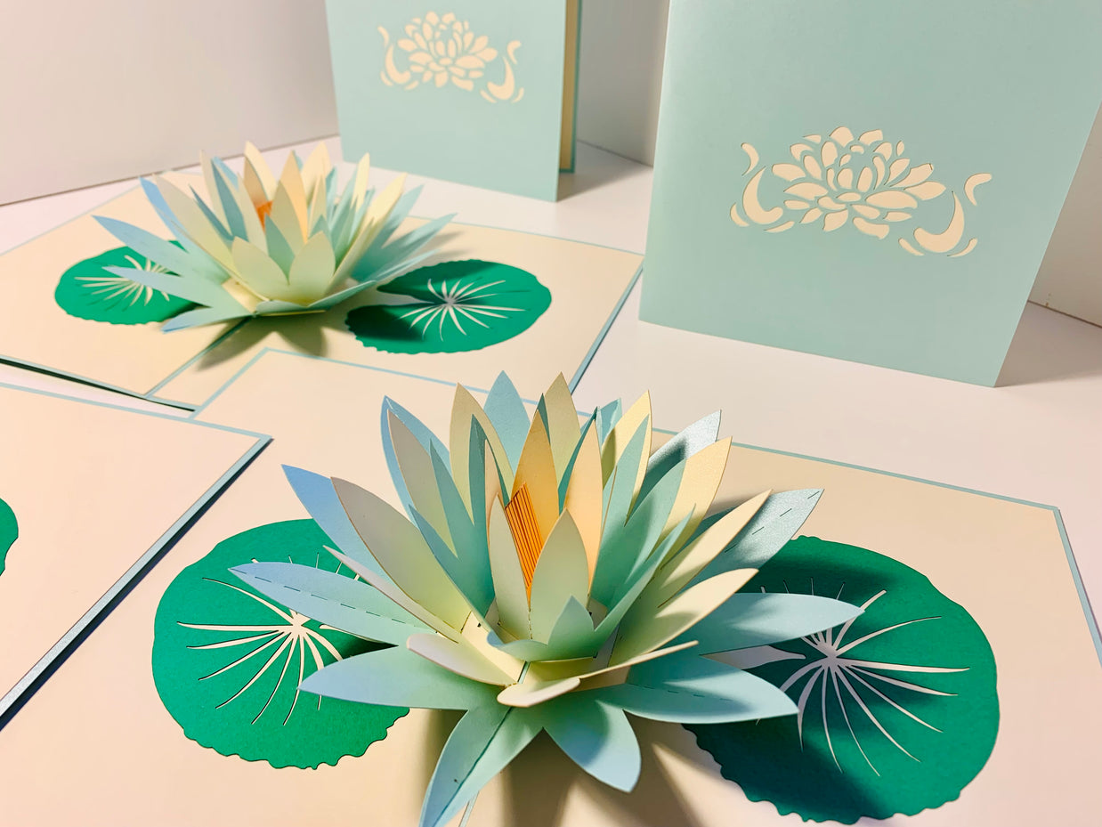 Metallic Peaceful Blue & White Lotus Origami Pop Cards 3D Pop Up Greeting Card Happy Birthday Thank You Handmade Gift Thinking of You Blank Card for Any Occasion Happy Mother's Day Happy Father's Australiana Celebrate the Beauty of Flower