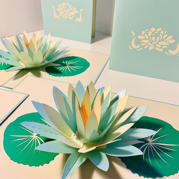 Metallic Peaceful Blue & White Lotus Origami Pop Cards 3D Pop Up Greeting Card Happy Birthday Thank You Handmade Gift Thinking of You Blank Card for Any Occasion Happy Mother's Day Happy Father's Australiana Celebrate the Beauty of Flower