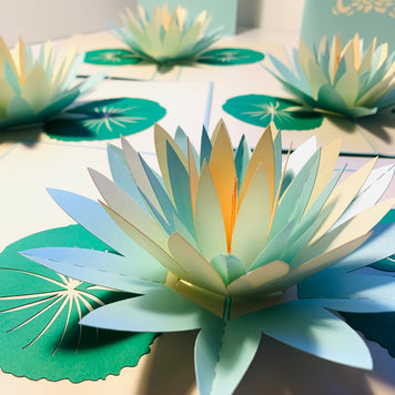 Metallic Peaceful Blue & White Lotus Origami Pop Cards 3D Pop Up Greeting Card Happy Birthday Thank You Handmade Gift Thinking of You Blank Card for Any Occasion Happy Mother's Day Happy Father's Australiana Celebrate the Beauty of Flower