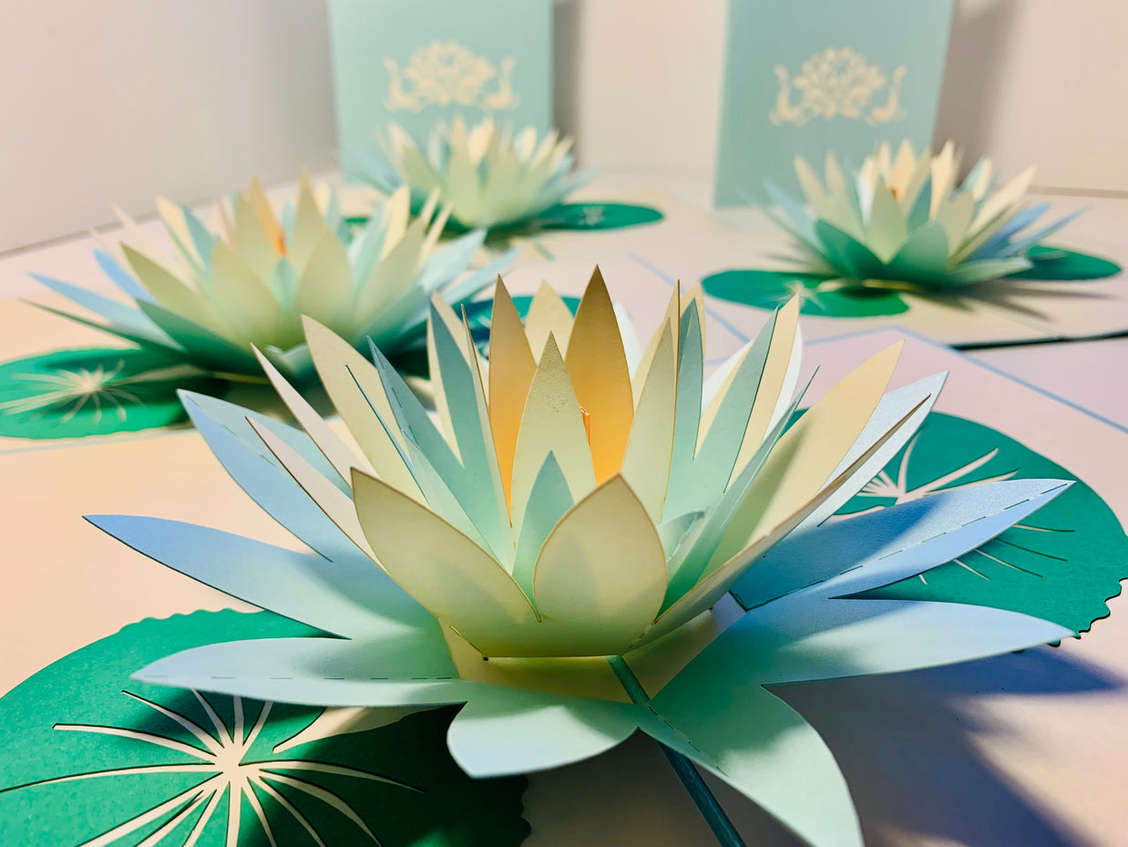 Metallic Peaceful Blue & White Lotus Origami Pop Cards 3D Pop Up Greeting Card Happy Birthday Thank You Handmade Gift Thinking of You Blank Card for Any Occasion Happy Mother's Day Happy Father's Australiana Celebrate the Beauty of Flower