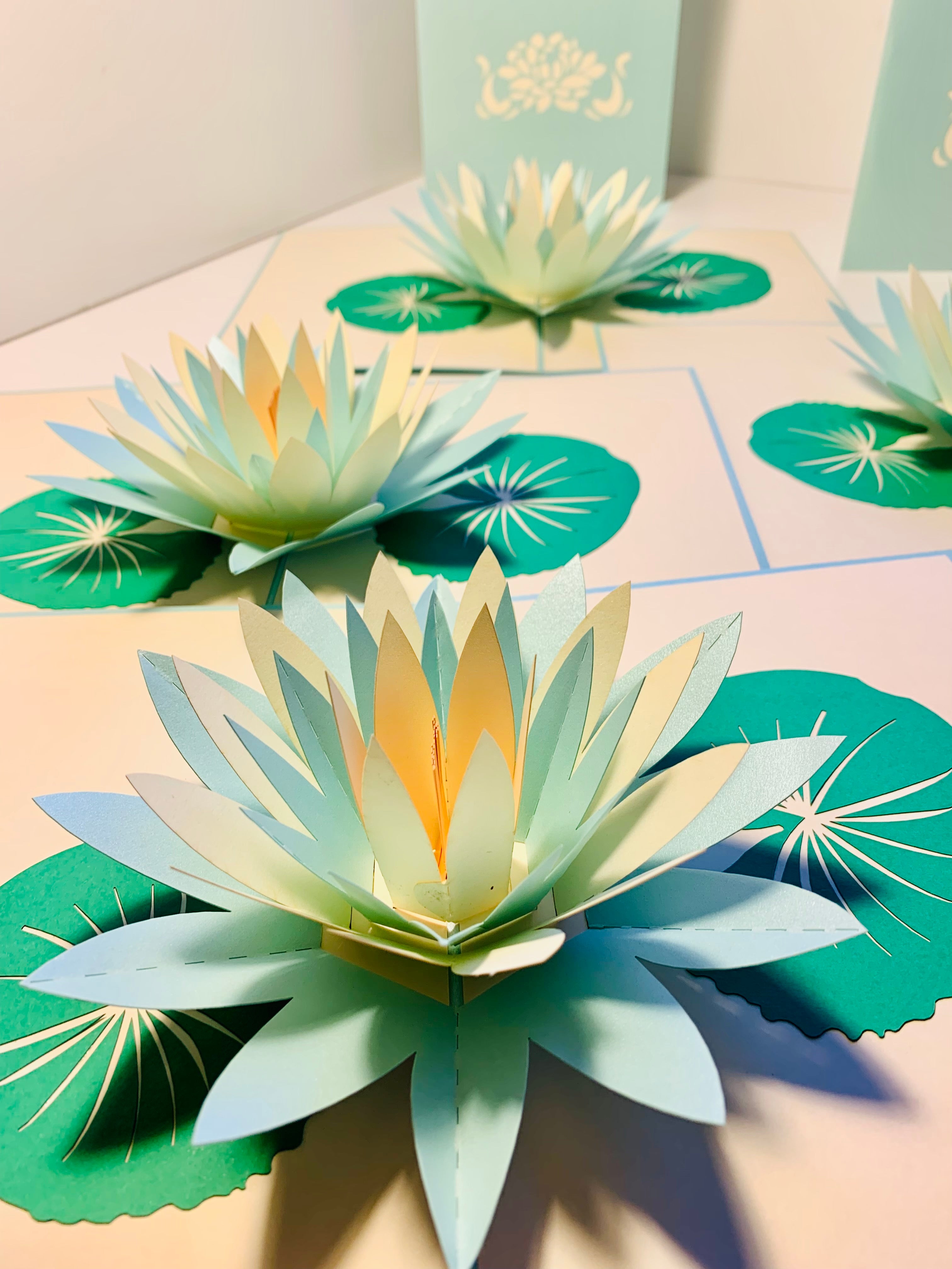 Metallic Peaceful Blue & White Lotus Origami Pop Cards 3D Pop Up Greeting Card Happy Birthday Thank You Handmade Gift Thinking of You Blank Card for Any Occasion Happy Mother's Day Happy Father's Australiana Celebrate the Beauty of Flower