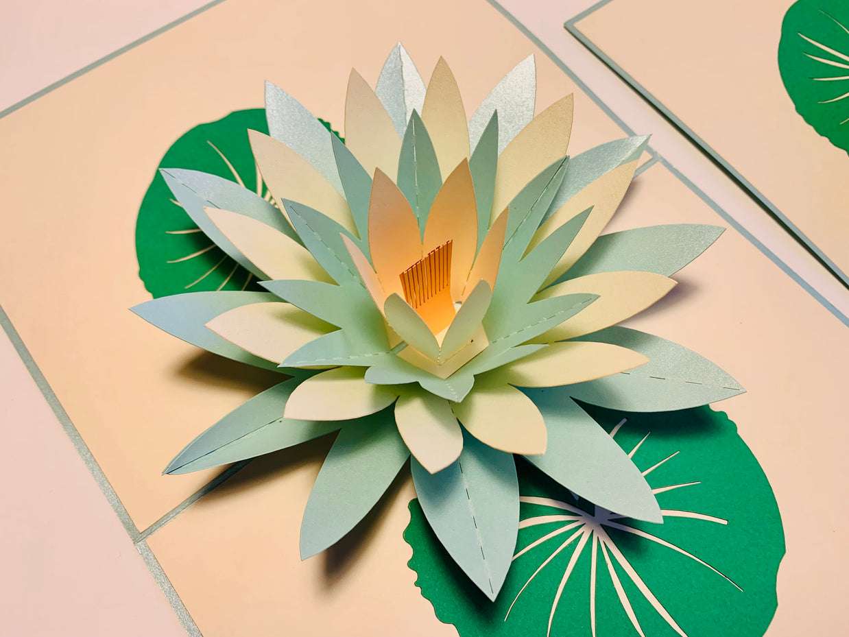 Metallic Peaceful Blue & White Lotus Origami Pop Cards 3D Pop Up Greeting Card Happy Birthday Thank You Handmade Gift Thinking of You Blank Card for Any Occasion Happy Mother's Day Happy Father's Australiana Celebrate the Beauty of Flower