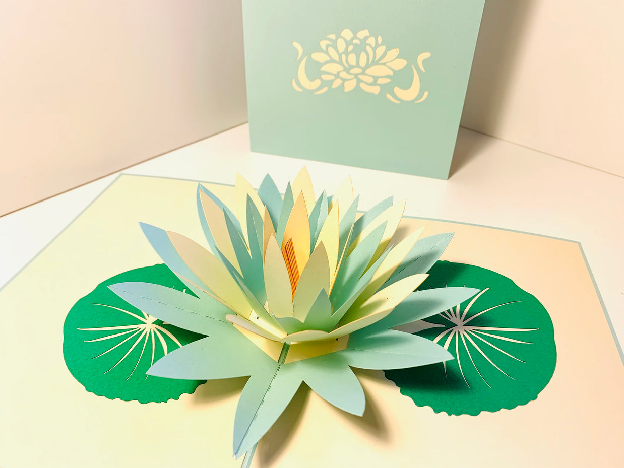 Metallic Peaceful Blue & White Lotus Origami Pop Cards 3D Pop Up Greeting Card Happy Birthday Thank You Handmade Gift Thinking of You Blank Card for Any Occasion Happy Mother's Day Happy Father's Australiana Celebrate the Beauty of Flower