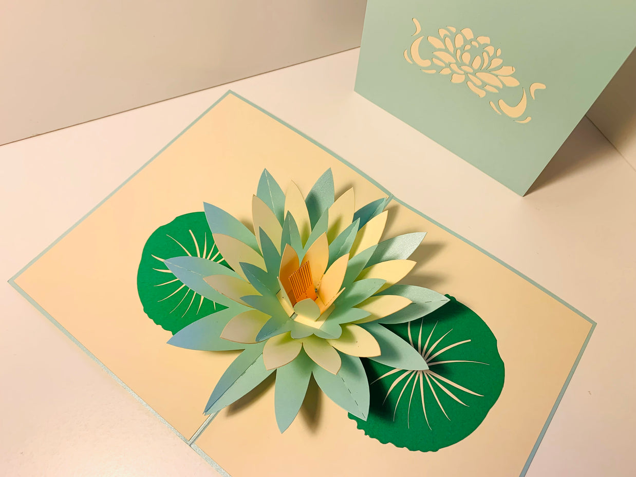 Metallic Peaceful Blue & White Lotus Origami Pop Cards 3D Pop Up Greeting Card Happy Birthday Thank You Handmade Gift Thinking of You Blank Card for Any Occasion Happy Mother's Day Happy Father's Australiana Celebrate the Beauty of Flower
