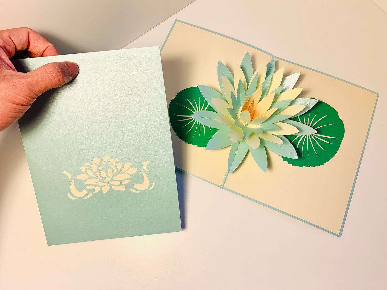 Metallic Peaceful Blue & White Lotus Origami Pop Cards 3D Pop Up Greeting Card Happy Birthday Thank You Handmade Gift Thinking of You Blank Card for Any Occasion Happy Mother's Day Happy Father's Australiana Celebrate the Beauty of Flower