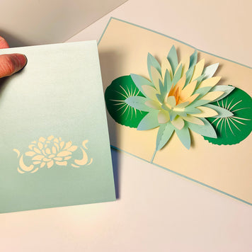 Metallic Peaceful Blue & White Lotus Origami Pop Cards 3D Pop Up Greeting Card Happy Birthday Thank You Handmade Gift Thinking of You Blank Card for Any Occasion Happy Mother's Day Happy Father's Australiana Celebrate the Beauty of Flower