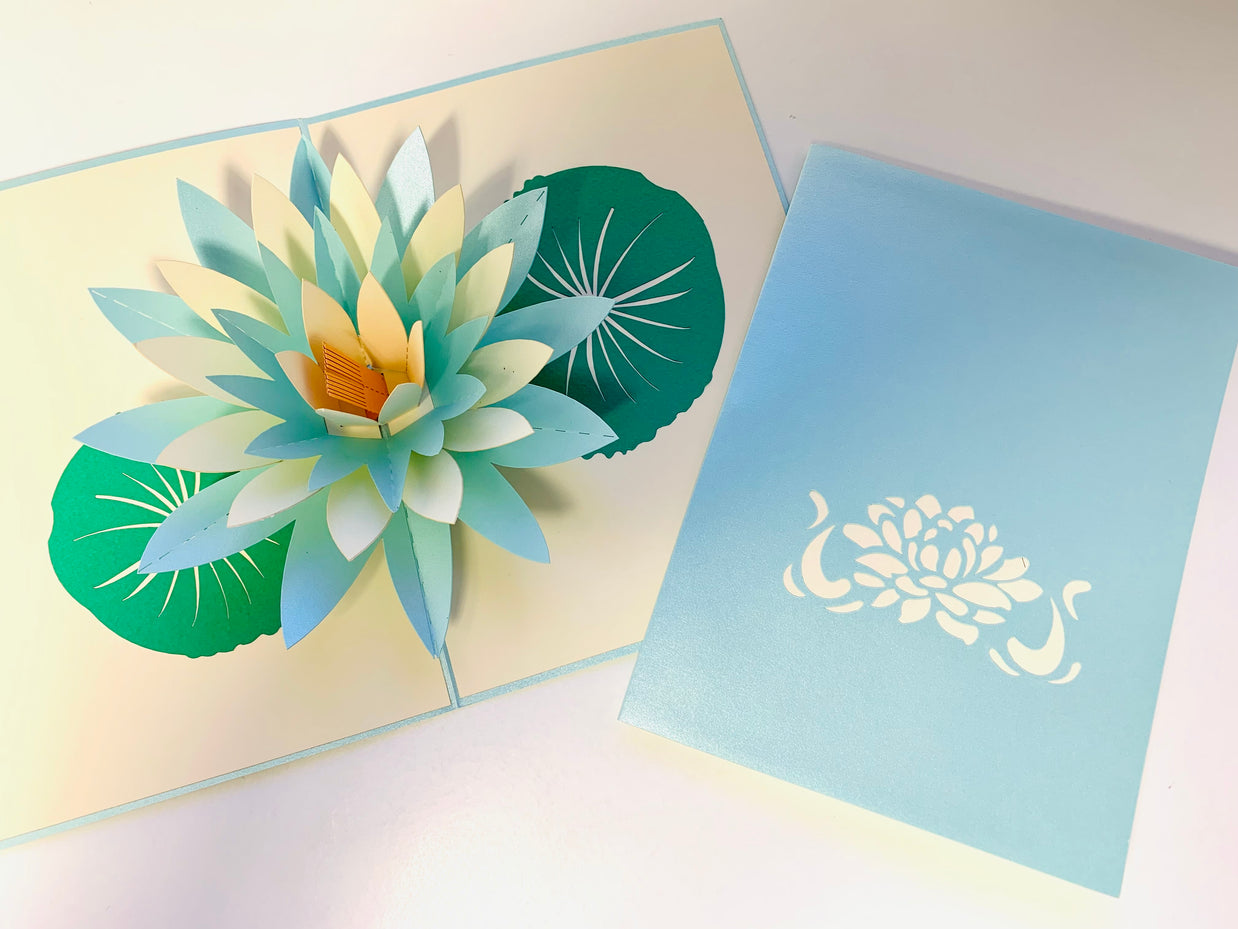 Metallic Peaceful Blue & White Lotus Origami Pop Cards 3D Pop Up Greeting Card Happy Birthday Thank You Handmade Gift Thinking of You Blank Card for Any Occasion Happy Mother's Day Happy Father's Australiana Celebrate the Beauty of Flower
