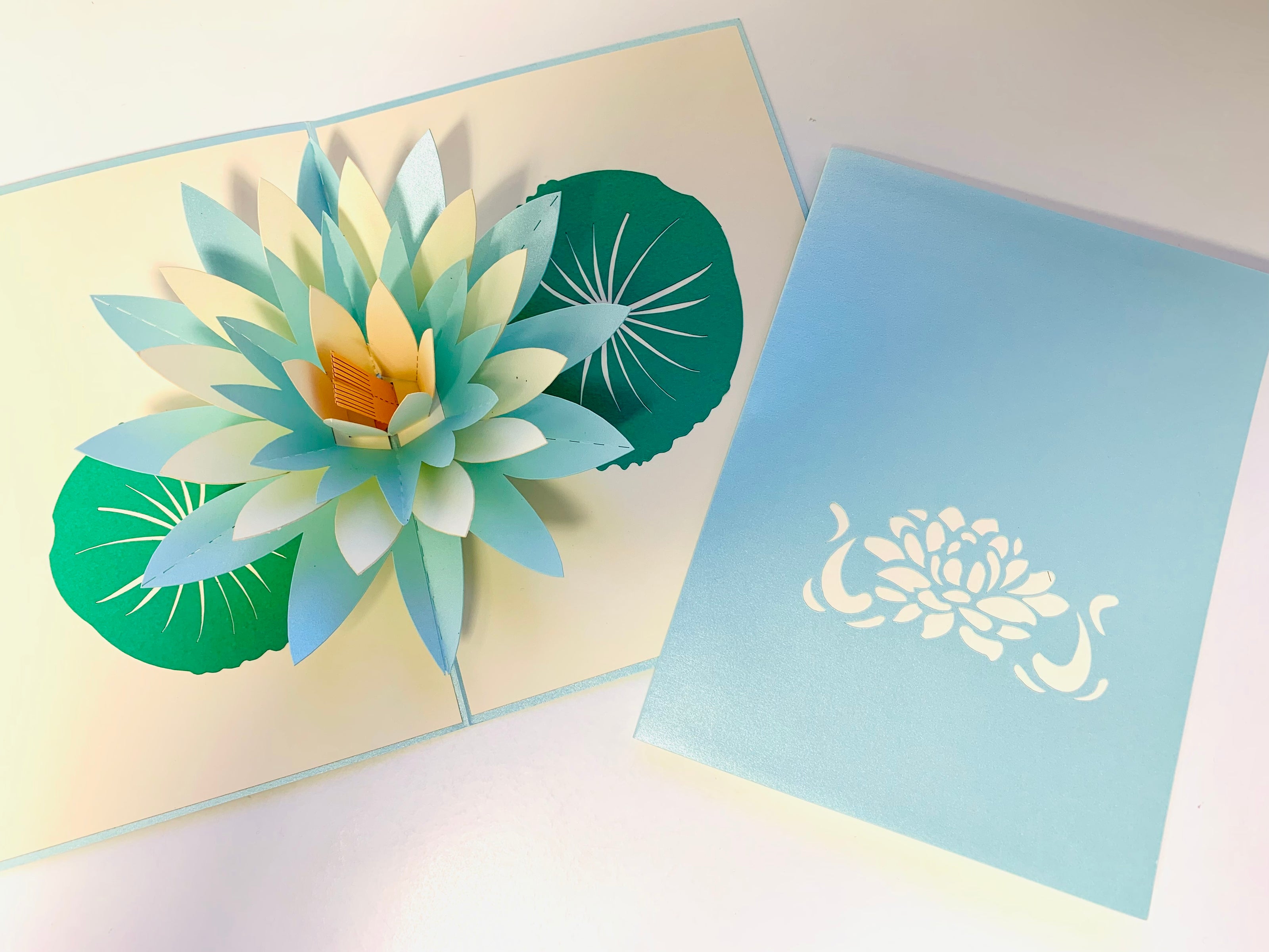 Metallic Peaceful Blue & White Lotus Origami Pop Cards 3D Pop Up Greeting Card Happy Birthday Thank You Handmade Gift Thinking of You Blank Card for Any Occasion Happy Mother's Day Happy Father's Australiana Celebrate the Beauty of Flower
