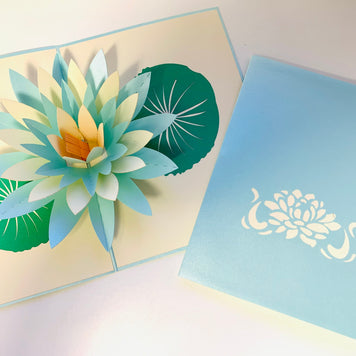 Metallic Peaceful Blue & White Lotus Origami Pop Cards 3D Pop Up Greeting Card Happy Birthday Thank You Handmade Gift Thinking of You Blank Card for Any Occasion Happy Mother's Day Happy Father's Australiana Celebrate the Beauty of Flower