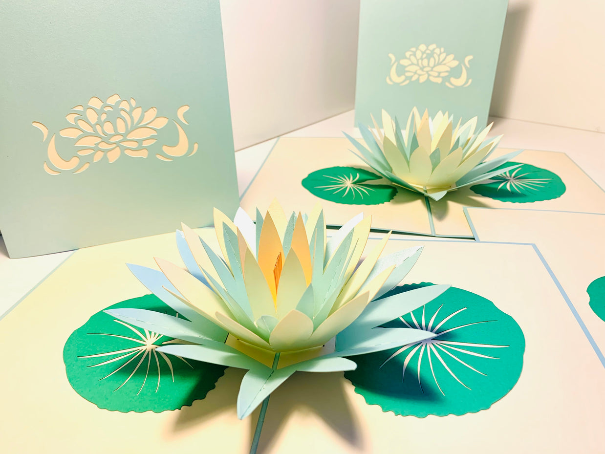 Metallic Peaceful Blue & White Lotus Origami Pop Cards 3D Pop Up Greeting Card Happy Birthday Thank You Handmade Gift Thinking of You Blank Card for Any Occasion Happy Mother's Day Happy Father's Australiana Celebrate the Beauty of Flower