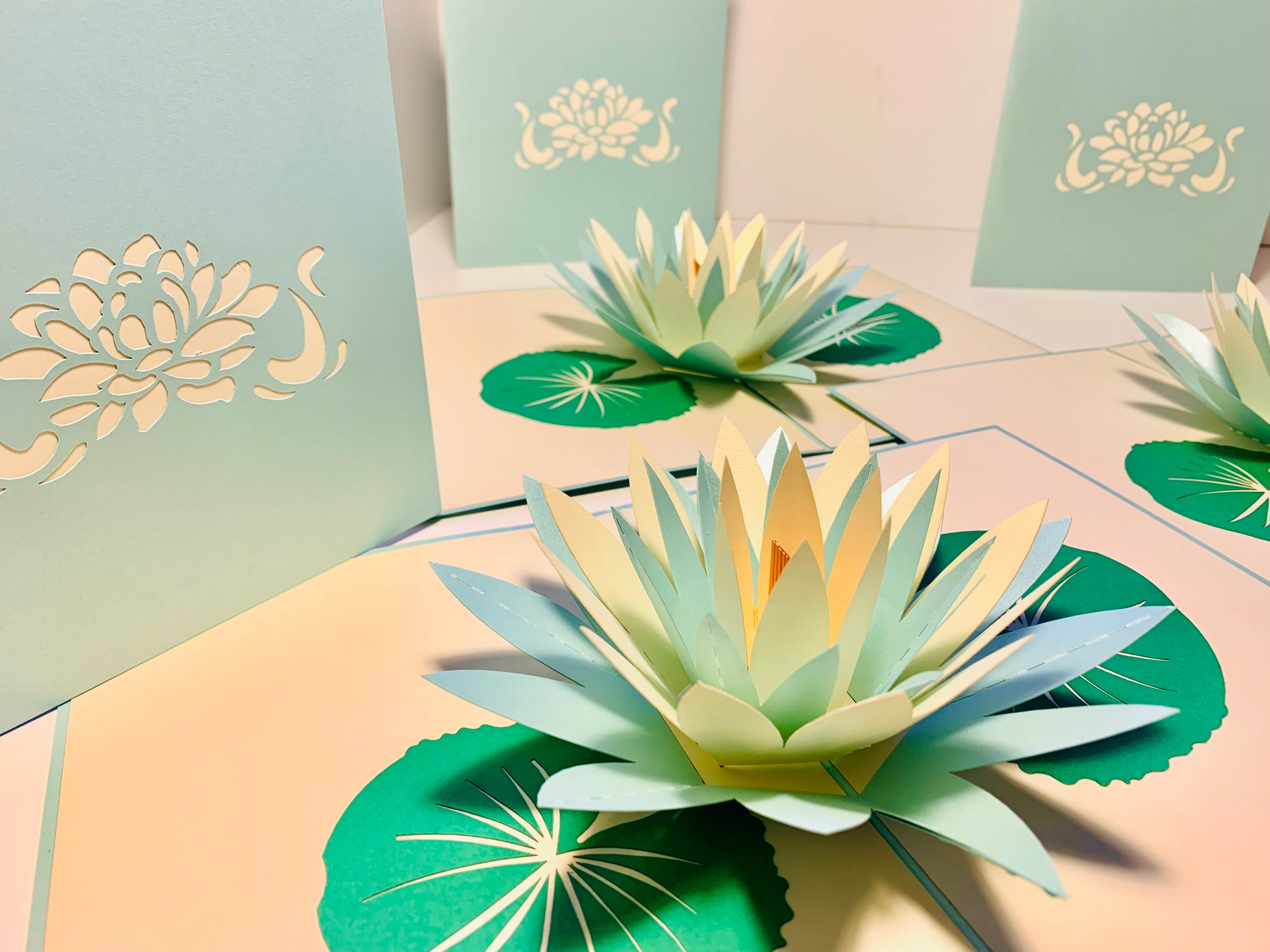 Metallic Peaceful Blue & White Lotus Origami Pop Cards 3D Pop Up Greeting Card Happy Birthday Thank You Handmade Gift Thinking of You Blank Card for Any Occasion Happy Mother's Day Happy Father's Australiana Celebrate the Beauty of Flower