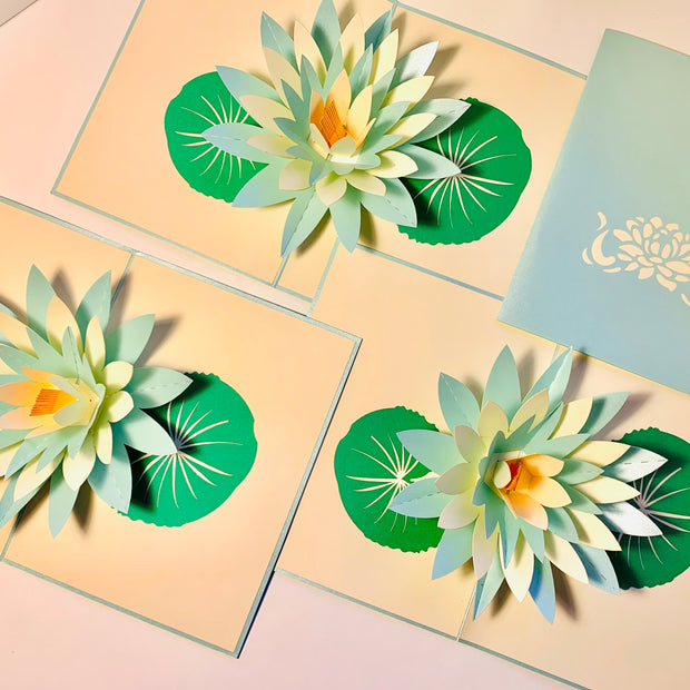 Metallic Peaceful Blue & White Lotus Origami Pop Cards 3D Pop Up Greeting Card Happy Birthday Thank You Handmade Gift Thinking of You Blank Card for Any Occasion Happy Mother's Day Happy Father's Australiana Celebrate the Beauty of Flower
