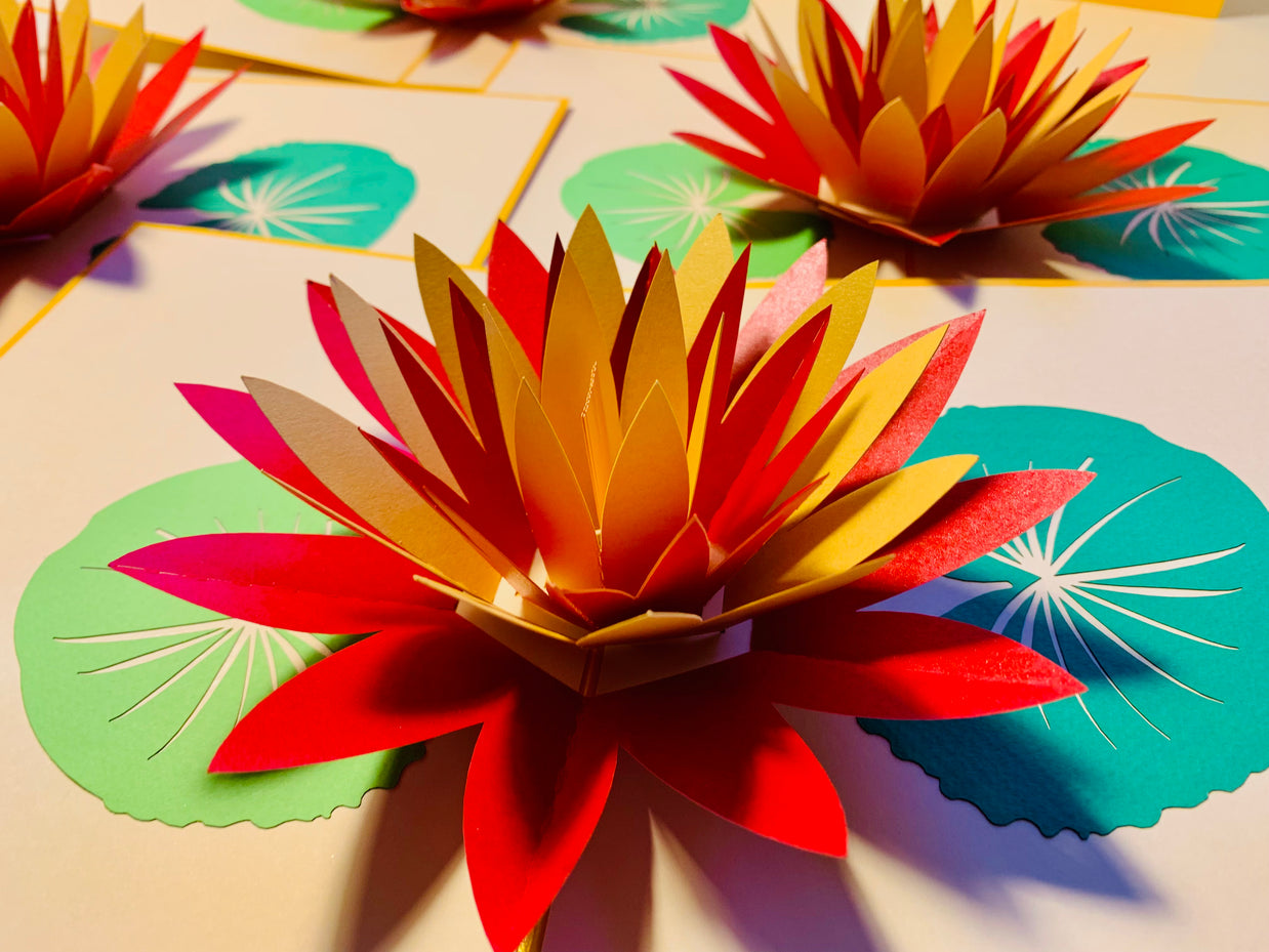 Metallic Peaceful Gold & Red Lotus Origami Pop Cards 3D Pop Up Greeting Card Happy Birthday Thank You Handmade Gift Thinking of You Blank Card for Any Occasion Happy Mother's Day Happy Father's Australiana Celebrate the Beauty of Flower
