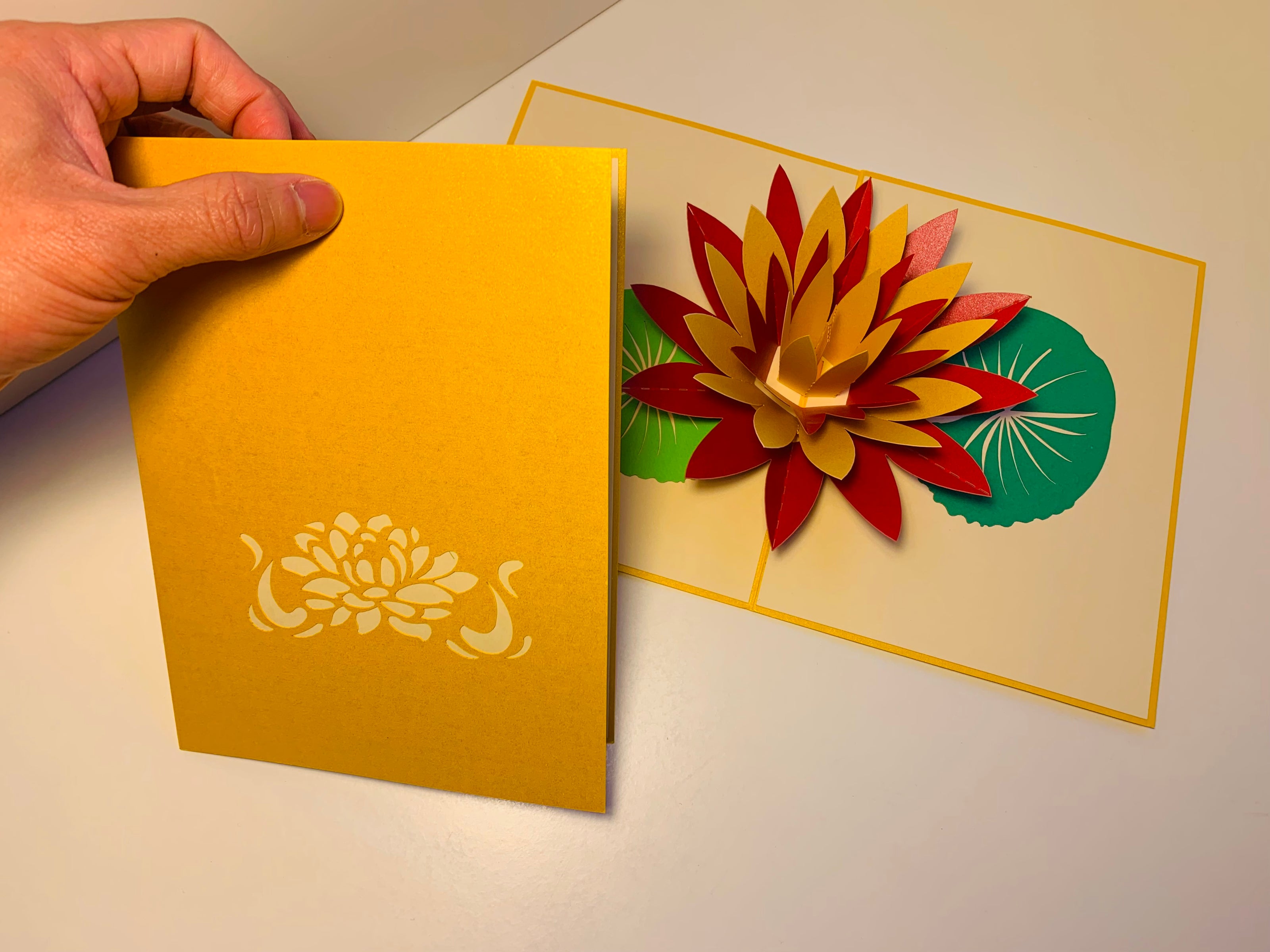 Metallic Peaceful Gold & Red Lotus Origami Pop Cards 3D Pop Up Greeting Card Happy Birthday Thank You Handmade Gift Thinking of You Blank Card for Any Occasion Happy Mother's Day Happy Father's Australiana Celebrate the Beauty of Flower