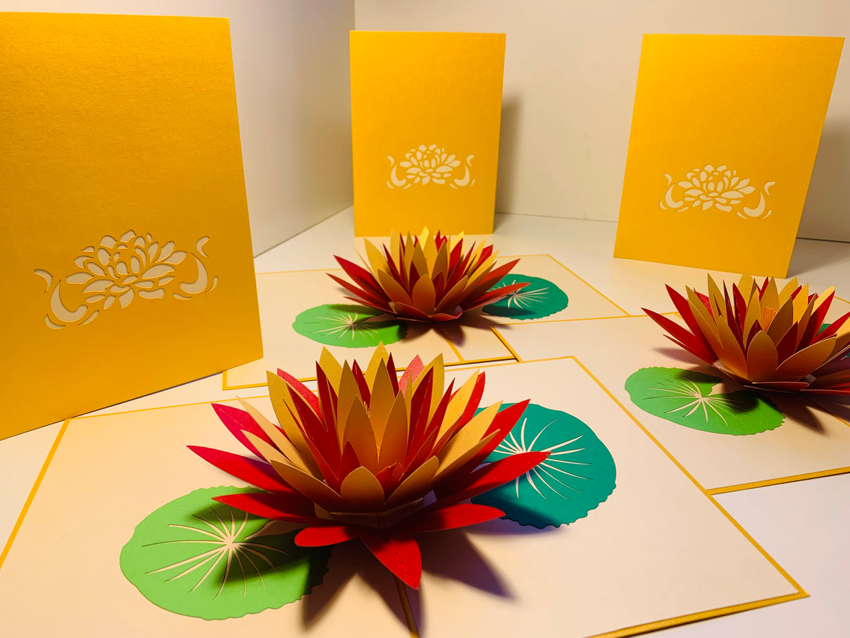 Metallic Peaceful Gold & Red Lotus Origami Pop Cards 3D Pop Up Greeting Card Happy Birthday Thank You Handmade Gift Thinking of You Blank Card for Any Occasion Happy Mother's Day Happy Father's Australiana Celebrate the Beauty of Flower