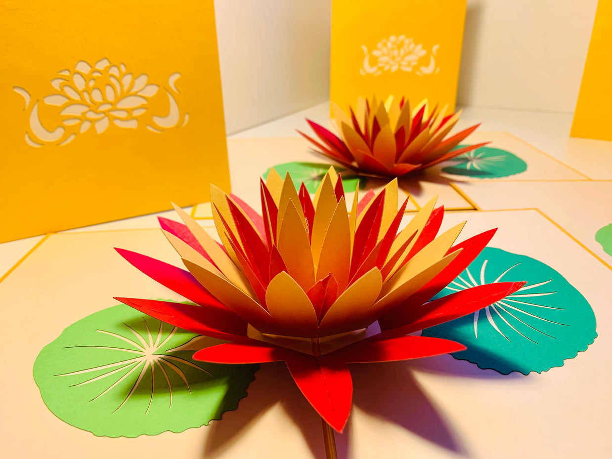 Metallic Peaceful Gold & Red Lotus Origami Pop Cards 3D Pop Up Greeting Card Happy Birthday Thank You Handmade Gift Thinking of You Blank Card for Any Occasion Happy Mother's Day Happy Father's Australiana Celebrate the Beauty of Flower