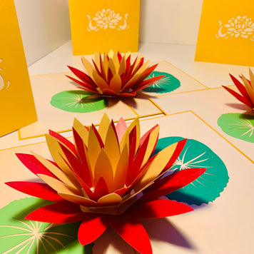 Metallic Peaceful Gold & Red Lotus Origami Pop Cards 3D Pop Up Greeting Card Happy Birthday Thank You Handmade Gift Thinking of You Blank Card for Any Occasion Happy Mother's Day Happy Father's Australiana Celebrate the Beauty of Flower