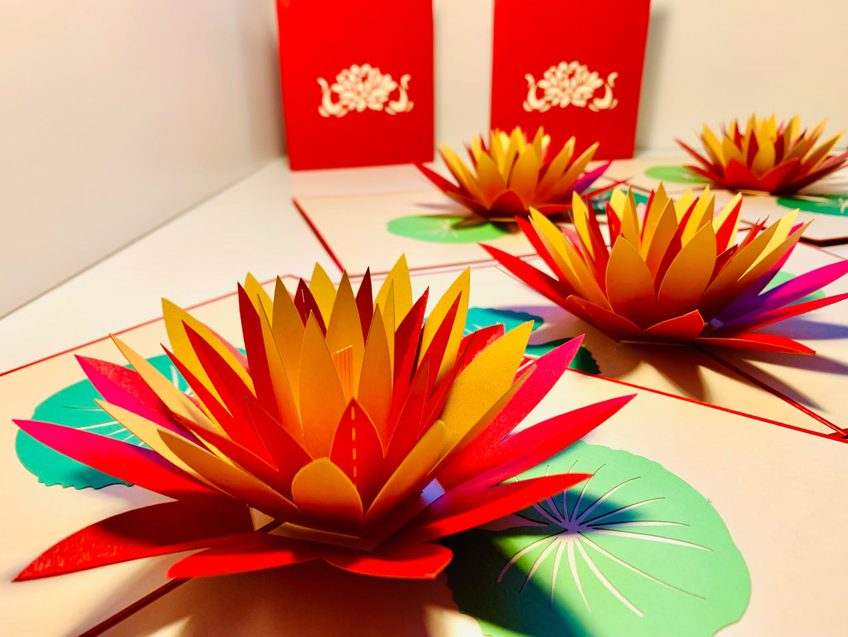 Metallic Peaceful Red & Gold Lotus Origami Pop Cards 3D Pop Up Greeting Card Happy Birthday Thank You Handmade Gift Thinking of You Blank Card for Any Occasion Happy Mother's Day Happy Father's Australiana Celebrate the Beauty of Flower