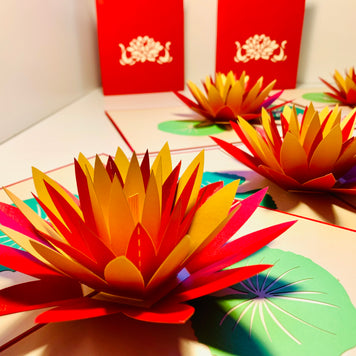 Metallic Peaceful Red & Gold Lotus Origami Pop Cards 3D Pop Up Greeting Card Happy Birthday Thank You Handmade Gift Thinking of You Blank Card for Any Occasion Happy Mother's Day Happy Father's Australiana Celebrate the Beauty of Flower