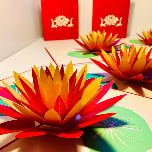 Metallic Peaceful Red & Gold Lotus Origami Pop Cards 3D Pop Up Greeting Card Happy Birthday Thank You Handmade Gift Thinking of You Blank Card for Any Occasion Happy Mother's Day Happy Father's Australiana Celebrate the Beauty of Flower