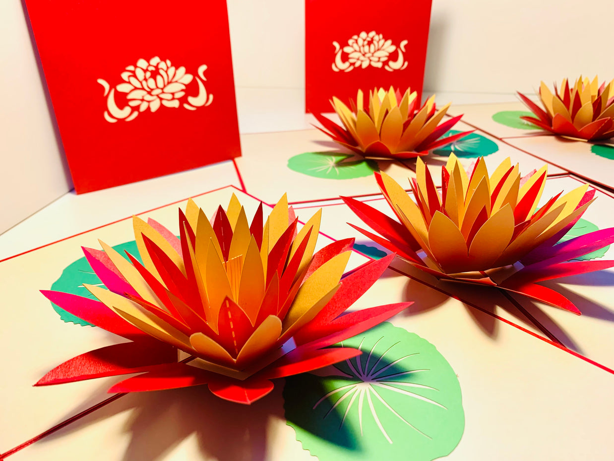 Metallic Peaceful Red & Gold Lotus Origami Pop Cards 3D Pop Up Greeting Card Happy Birthday Thank You Handmade Gift Thinking of You Blank Card for Any Occasion Happy Mother's Day Happy Father's Australiana Celebrate the Beauty of Flower