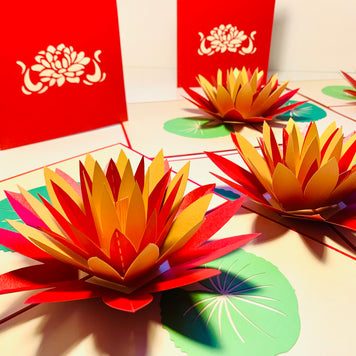 Metallic Peaceful Red & Gold Lotus Origami Pop Cards 3D Pop Up Greeting Card Happy Birthday Thank You Handmade Gift Thinking of You Blank Card for Any Occasion Happy Mother's Day Happy Father's Australiana Celebrate the Beauty of Flower