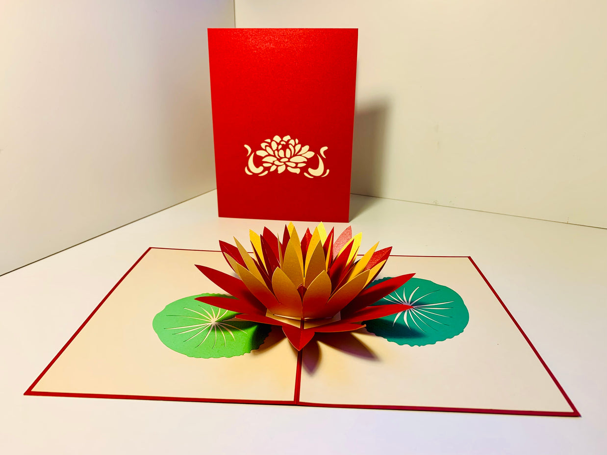 Metallic Peaceful Red & Gold Lotus Origami Pop Cards 3D Pop Up Greeting Card Happy Birthday Thank You Handmade Gift Thinking of You Blank Card for Any Occasion Happy Mother's Day Happy Father's Australiana Celebrate the Beauty of Flower