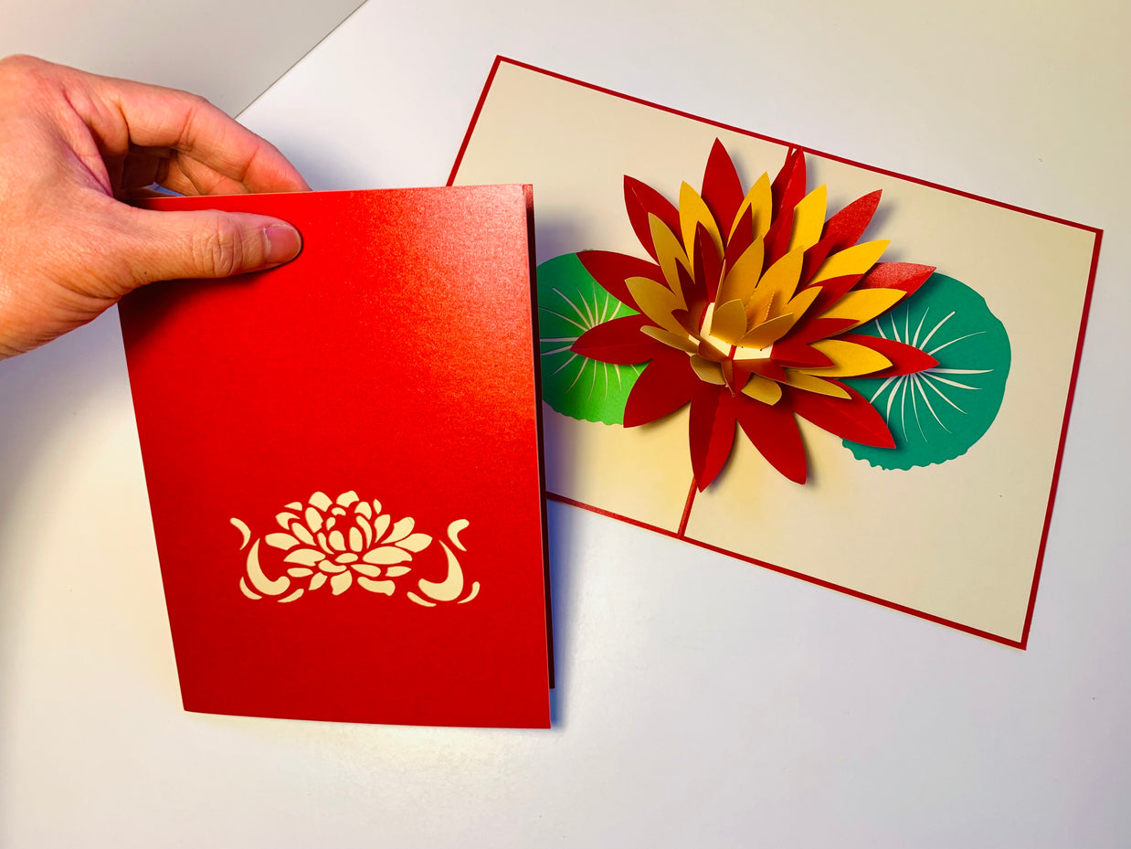 Metallic Peaceful Red & Gold Lotus Origami Pop Cards 3D Pop Up Greeting Card Happy Birthday Thank You Handmade Gift Thinking of You Blank Card for Any Occasion Happy Mother's Day Happy Father's Australiana Celebrate the Beauty of Flower