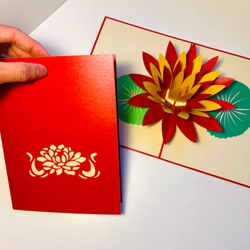Metallic Peaceful Red & Gold Lotus Origami Pop Cards 3D Pop Up Greeting Card Happy Birthday Thank You Handmade Gift Thinking of You Blank Card for Any Occasion Happy Mother's Day Happy Father's Australiana Celebrate the Beauty of Flower