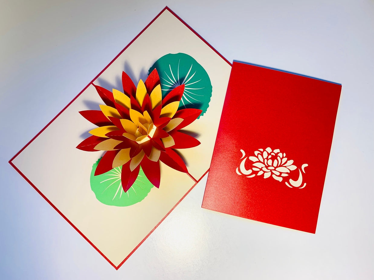 Metallic Peaceful Red & Gold Lotus Origami Pop Cards 3D Pop Up Greeting Card Happy Birthday Thank You Handmade Gift Thinking of You Blank Card for Any Occasion Happy Mother's Day Happy Father's Australiana Celebrate the Beauty of Flower