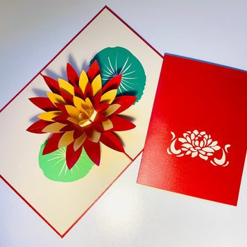 Metallic Peaceful Red & Gold Lotus Origami Pop Cards 3D Pop Up Greeting Card Happy Birthday Thank You Handmade Gift Thinking of You Blank Card for Any Occasion Happy Mother's Day Happy Father's Australiana Celebrate the Beauty of Flower