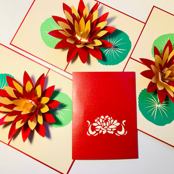 Metallic Peaceful Red & Gold Lotus Origami Pop Cards 3D Pop Up Greeting Card Happy Birthday Thank You Handmade Gift Thinking of You Blank Card for Any Occasion Happy Mother's Day Happy Father's Australiana Celebrate the Beauty of Flower