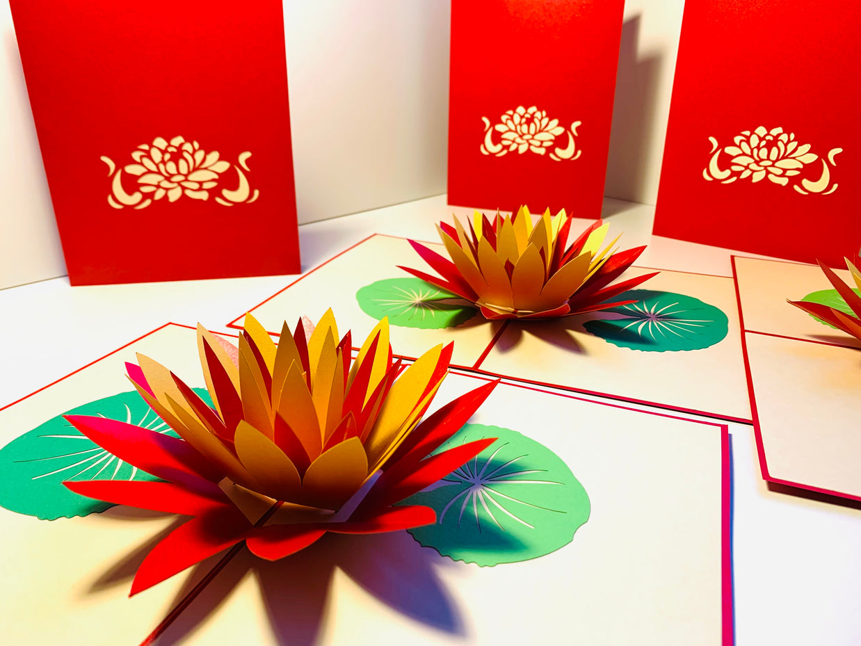 Metallic Peaceful Red & Gold Lotus Origami Pop Cards 3D Pop Up Greeting Card Happy Birthday Thank You Handmade Gift Thinking of You Blank Card for Any Occasion Happy Mother's Day Happy Father's Australiana Celebrate the Beauty of Flower