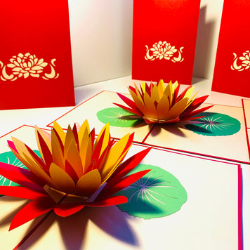Metallic Peaceful Red & Gold Lotus Origami Pop Cards 3D Pop Up Greeting Card Happy Birthday Thank You Handmade Gift Thinking of You Blank Card for Any Occasion Happy Mother's Day Happy Father's Australiana Celebrate the Beauty of Flower