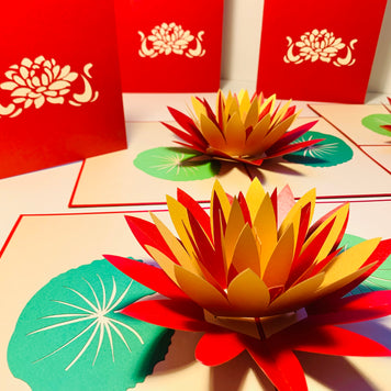 Metallic Peaceful Red & Gold Lotus Origami Pop Cards 3D Pop Up Greeting Card Happy Birthday Thank You Handmade Gift Thinking of You Blank Card for Any Occasion Happy Mother's Day Happy Father's Australiana Celebrate the Beauty of Flower